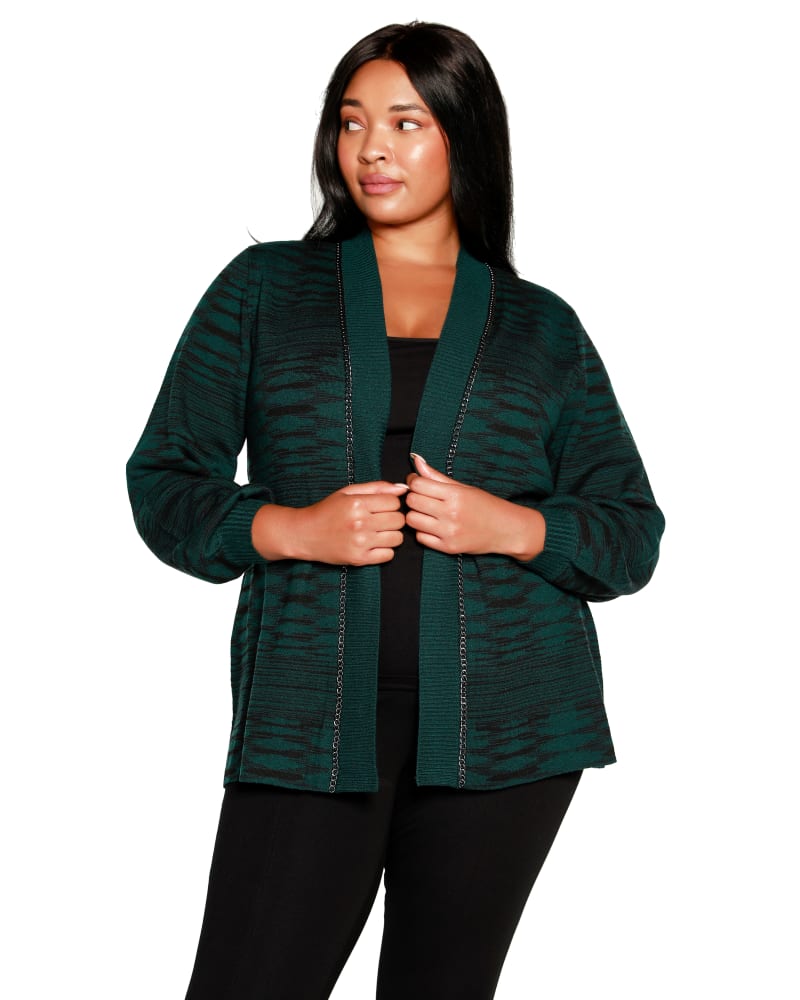 Front of a model wearing a size 2X Plus Size Space Dye Jacquard Belted Cardigan in Deep Emerald by Belldini. | dia_product_style_image_id:319400